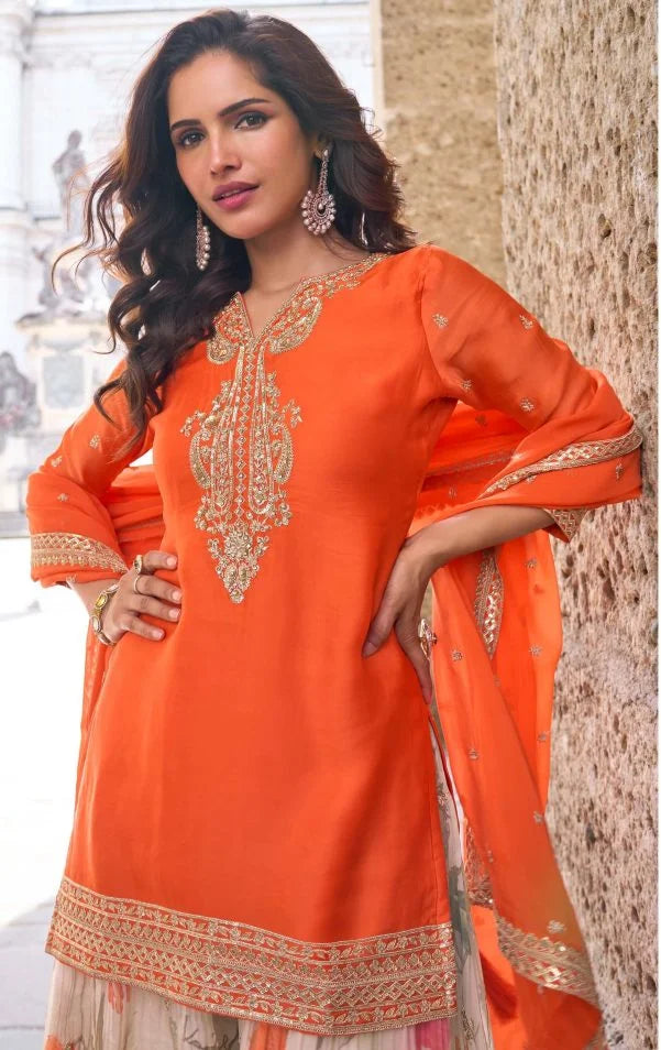 Falita Fancy Worked Exclusive Designer Real Chinon Palazzo Suit